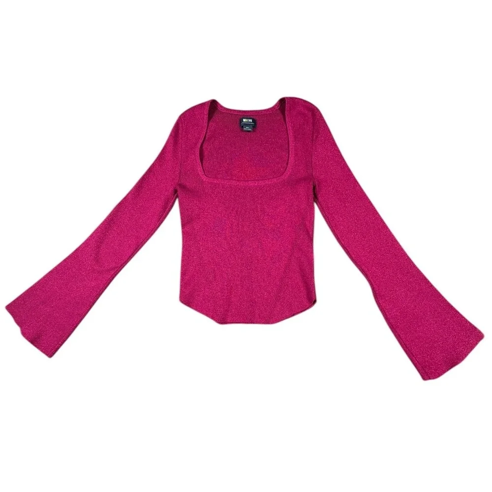 Maeve Anthropologie Sparkle Square Neck Long Sleeve Top Magenta Womens‎ S